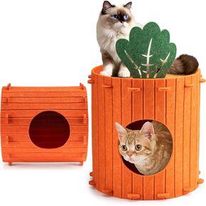 Cat Bed for Indoor Cats, Foldable Felt Cat Cave, Carrot House Cat Tunnel Enclosed Bed Peekaboo Cat House for Large & Multiple Pet Cats Up to 22 Lbs, Scratch Resistant Cat Condo, Cat Hideaway