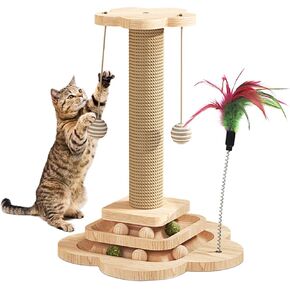 Wood Cat Scratching Post, Cat Tree Scratching Post with Cat Interactive Toy, Cat Scratching Post for Indoor Cats (18In)