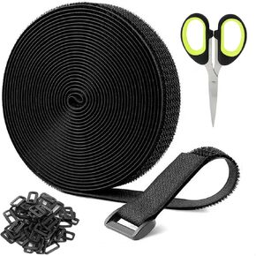 16Ft x 1In Adjustable Cable Straps with 25 Buckles and 1 scissors, Black nylon Fastening Cable Ties for Securing, Reusable Hook and Loop Straps for Storage, Cord Organiser (BLACK, 1in x 16ft)