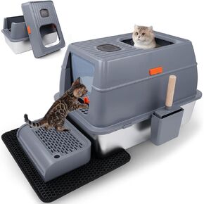 Stainless Steel Litter Box - XL Large Litter Box for Big Cats, Enclosed Removable Metal Litter Boxes with Lid High Sided Enclosure & Scoop, Non-Sticky, Anti-Leakage & Easy Cleaning (Grey)