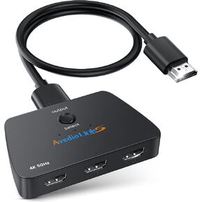 HDMI Switch 4K@60HZ, avedio links HDMI Switcher 3 in 1 Out, 3 Port HDMI Selector Switch Boxes with 2.6FT HDMI Cable, Support HDMI2.0, HDCP 2.2, HDR, Compatible with PC Xbox PS5/4 Roku TV Fire Stick
