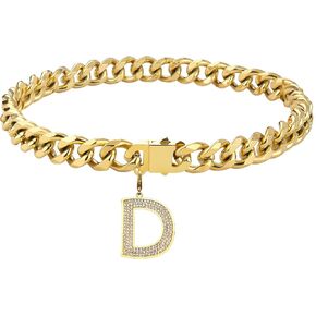 Gold Chain Dog Collar Personalized Letter Dog Necklace with Bling Zircons Metal Cuban Link for Medium and Large Dogs Pets Heavy Duty Chew Proof Letter D 22IN