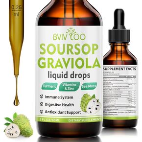 Soursop Graviola Liquid Drops - 2000mg Pure Soursop Extract Blended with 300mg Sea Moss & 100mg Elderberry - Powerful Cell Support, Antioxidant-Rich, Immune-Boosting - 4 Fl Oz (120ml) Bottle