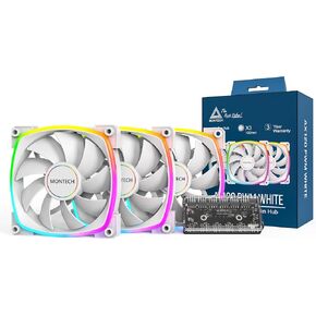 MONTECH AX 120MM - PWM Fan - Silent Performance - High Speed 1600PWM - High-End Durability with HDB Bearing - Stunning Outer Ring ARGB Lighting Design – 3 in 1 Pack with 6X6 Fan Hub (AX120-3in1-W)
