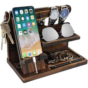 Nightstand Organizer Phone Organizer Birthday Gifts for Men Dad Birthday Gift Wood Docking Station Men Desk Organizer Wood Presents for Men Gifts for Dad, Brown