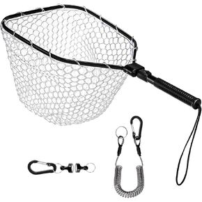 DEAYOU Fly Fishing Landing Net, Soft Rubber Mesh Bass Trout Net with Collapsible Handle and Magnetic Release, Folding Catch and Release Net for Freshwater, Fly Fishing Gear Accessories