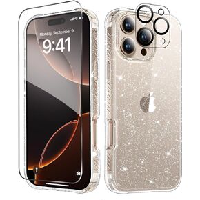 MIODIK for iPhone 16 Pro Max Case Clear Glitter, with Screen Protector + Camera Lens Protector, [Non-Yellowing] Shockproof Protective Phone Case, Women Cover for iPhone 16 ProMax 6.9" - Sparkle Clear