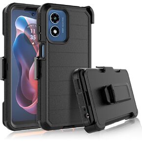 Njjex Rugged Case for Moto G Play 4G 2024, for Motorola G Play 4G 2024 Case with Belt Clip Holster, Built-in Screen Protector Heavy Duty Locking Swivel Holster Kickstand Hard Phone Cover [Black]