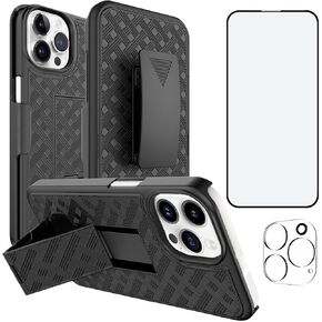 Ailiber for iPhone 16 Pro Case with Belt Clip, iPhone 16 Pro Holster Case with Screen Protector, Swivel Kickstand Holder, Slim Shockproof Shell Full Body Pouch Phone Cover for iPhone 16 Pro-Black