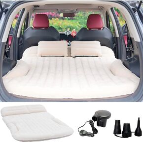 KMZ Air Mattress Thickened and Double-Sided Flocking Travel Camping Bed with 2 Pillows Dedicated Mobile Cushion Extended Outdoor for SUV Back Seat (Beige and Coffee)