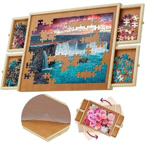 1500 Piece Wooden Jigsaw Puzzle Table - 4 Drawers, Rotating Puzzle Board | 35" X 28" Jigsaw Puzzle Board | Puzzle Cover Included - Portable Puzzle Tables for Adults and Kids by Beyond Innoventions