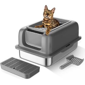 Stainless Steel Litter Box Large Metal Cat Litter Box with Lid Metal Litter Box High Wall Sides Enclosure,Non-Sticky,Anti-Leakage,Easy Cleaning