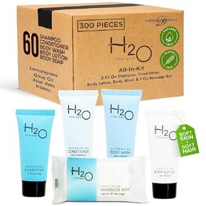H2O Therapy Hotel Soaps and Toiletries Bulk Set | 1-Shoppe All-In-Kit Amenities for Hotels & Airbnb | .85oz Hotel Shampoo & Conditioner, Body Wash, Body Lotion & 1 oz Bar Soap Travel Size | 300 Pieces