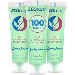 EcoEarth Travel Size Shampoo Conditioner 2-in-1 (1 fl oz, 100 PK, Spring Breeze) Delight Your Guests with Revitalizing & Refreshing Conditioning Shampoo Amenities, Small Size Hotel Toiletries in Bulk