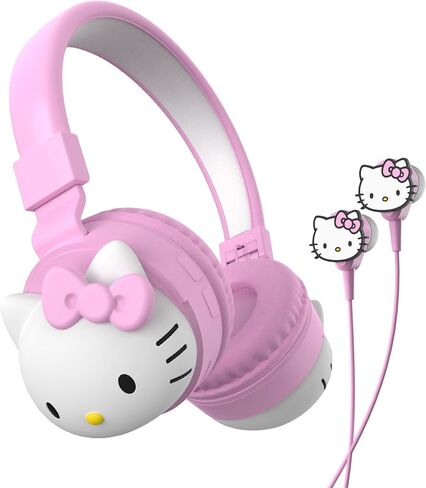 Hello Kitty 2-in-1 Wireless Bluetooth Headphones with Wired Earbuds - Foldable, Adjustable & Padded Headband, Onboard Controls, Squishy Ear Cups, Aux Cable Connectivity, Handsfree Calling in Saudi Arabia