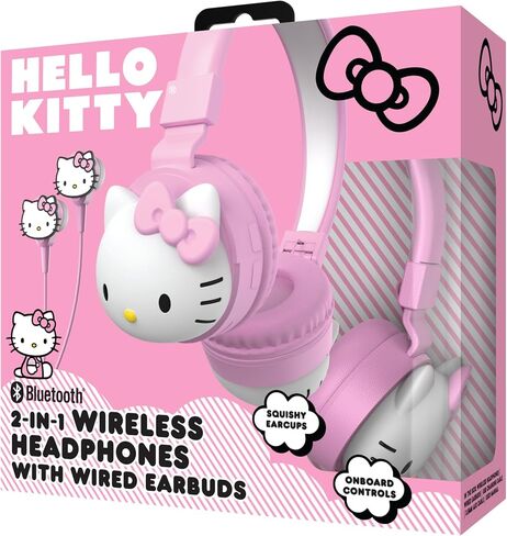 Hello Kitty 2-in-1 Wireless Bluetooth Headphones with Wired Earbuds - Foldable, Adjustable & Padded Headband, Onboard Controls, Squishy Ear Cups, Aux Cable Connectivity, Handsfree Calling in Saudi Arabia