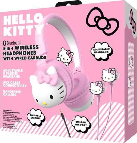 Hello Kitty 2-in-1 Wireless Bluetooth Headphones with Wired Earbuds - Foldable, Adjustable & Padded Headband, Onboard Controls, Squishy Ear Cups, Aux Cable Connectivity, Handsfree Calling in Saudi Arabia