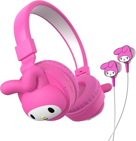 Hello Kitty 2-in-1 Wireless Bluetooth Headphones with Wired Earbuds - Foldable, Adjustable & Padded Headband, Onboard Controls, Squishy Ear Cups, Aux Cable Connectivity, Handsfree Calling in Saudi Arabia