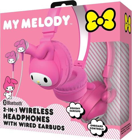 Hello Kitty 2-in-1 Wireless Bluetooth Headphones with Wired Earbuds - Foldable, Adjustable & Padded Headband, Onboard Controls, Squishy Ear Cups, Aux Cable Connectivity, Handsfree Calling in Saudi Arabia