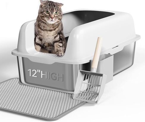 YITAHOME Stainless Steel Cat Litter Box with Lid and Scoop, Extra Large Enclosed Metal Litter Box for Large Cats with Non-Slip Bottom, Odorless, Anti-Leakage, Non-Sticky(23.6" x 15.7" x 12") in Saudi Arabia