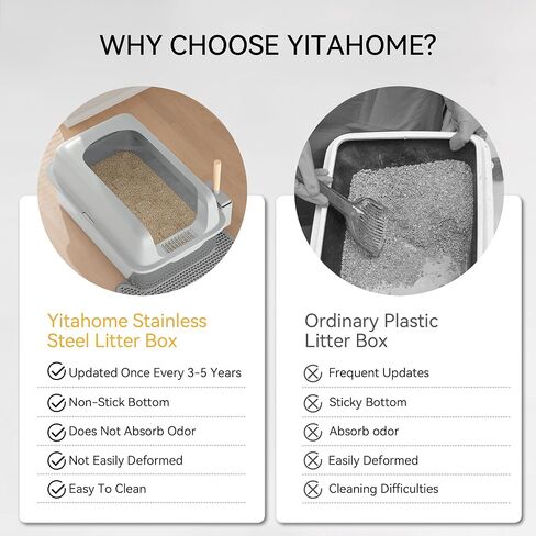 YITAHOME Stainless Steel Cat Litter Box with Lid and Scoop, Extra Large Enclosed Metal Litter Box for Large Cats with Non-Slip Bottom, Odorless, Anti-Leakage, Non-Sticky(23.6" x 15.7" x 12") in Saudi Arabia