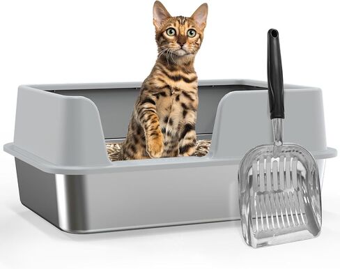 Stainless Steel Cat Litter Box with High Sides and Metal Litter Scoop,19.55x13.55x8.5 Inch Metal Litter Box for Indoor Cats and Kittens, Never Absorbs Odor, Stains or Rusts, Anti-Leakage in Saudi Arabia