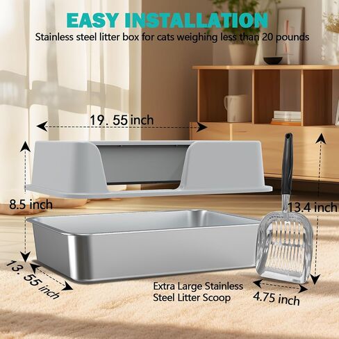 Stainless Steel Cat Litter Box with High Sides and Metal Litter Scoop,19.55x13.55x8.5 Inch Metal Litter Box for Indoor Cats and Kittens, Never Absorbs Odor, Stains or Rusts, Anti-Leakage in Saudi Arabia