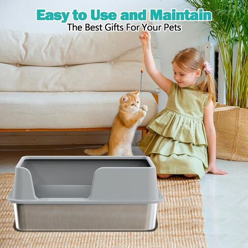 Stainless Steel Cat Litter Box with High Sides and Metal Litter Scoop,19.55x13.55x8.5 Inch Metal Litter Box for Indoor Cats and Kittens, Never Absorbs Odor, Stains or Rusts, Anti-Leakage in Saudi Arabia