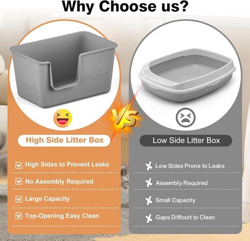 Cat Litter Box with High Sided,24.8" Lx11.4 Wx13.0 H,Extra Large Cat Litter Box for Big Cats,XL Jumbo Kitty Litter Box for Indoor Cats,Tool-Free Assembly (Grey) in Kuwait