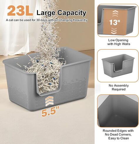 Cat Litter Box with High Sided,24.8" Lx11.4 Wx13.0 H,Extra Large Cat Litter Box for Big Cats,XL Jumbo Kitty Litter Box for Indoor Cats,Tool-Free Assembly (Grey) in Kuwait