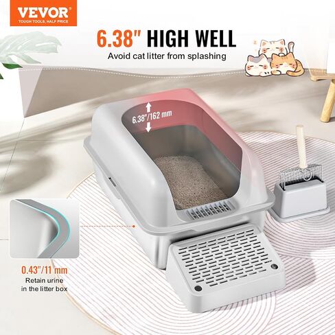 VEVOR Stainless Steel Cat Litter Box with Lid, XL Extra Large Enclosed Cat Litter Box for Big Cats, High Sides Metal Litter Box, Anti Leakage,Odor-Free & Easy Cleaning,Include Scoop & Foot Board in Saudi Arabia