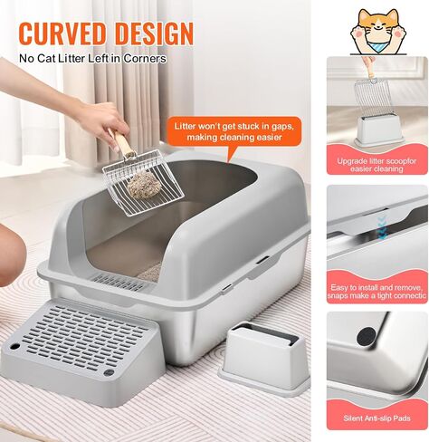VEVOR Stainless Steel Cat Litter Box with Lid, XL Extra Large Enclosed Cat Litter Box for Big Cats, High Sides Metal Litter Box, Anti Leakage,Odor-Free & Easy Cleaning,Include Scoop & Foot Board in Saudi Arabia