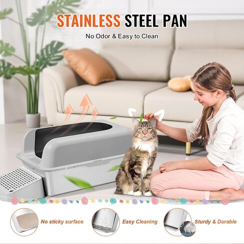 VEVOR Stainless Steel Cat Litter Box with Lid, XL Extra Large Enclosed Cat Litter Box for Big Cats, High Sides Metal Litter Box, Anti Leakage,Odor-Free & Easy Cleaning,Include Scoop & Foot Board in Saudi Arabia