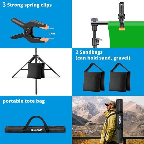 YELANGU Photo Backdrop Stand Kit for Parties: Adjustable, Heavy Duty Backdrop Stand, 8x10ft Photography Backdrop Stand with Banner Stand, Includes 6 Clamps, 2 Sandbags, Portable Bag, Aluminum Alloy in Saudi Arabia