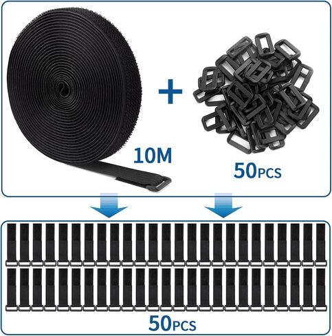 16Ft x 1In Adjustable Cable Straps with 25 Buckles and 1 scissors, Black nylon Fastening Cable Ties for Securing, Reusable Hook and Loop Straps for Storage, Cord Organiser (BLACK, 1in x 16ft) in Saudi Arabia