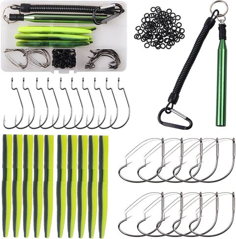 Wacky Worm Tool Wacky O-Rings,Wacky Worm Rig Kit for Plastic Rubber Worm Baits Weedless Fishing Hooks for Bass Fishing Wacky Rigging Tool with Lanyard/Clip in Kuwait