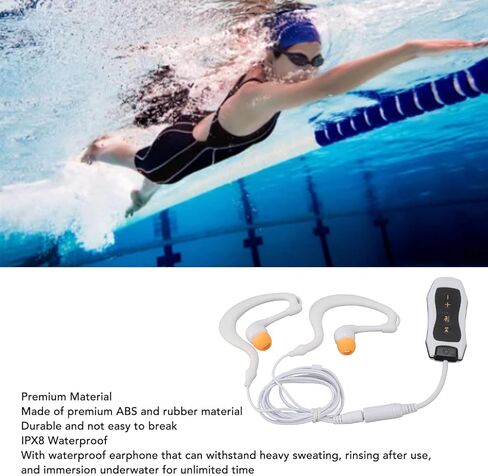 مشغل MP3 مقاوم للماء للسباحة، سماعات رأس مقاومة للماء مع سلك طويل، MP3 مقاوم للماء للسباحة تحت الماء، تأثير صوتي، دورة كاملة، 8 جيجابايت (8 جيجابايت) in Saudi Arabia
