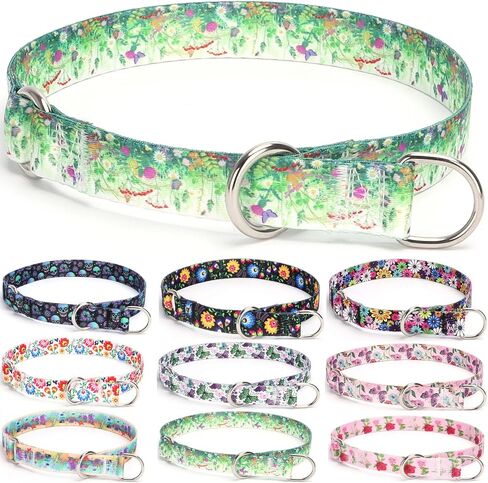 Serijoars Martingale Dog Collar - No-Pull Training Collar with Flower Multicolor Cute Patterns and Slidable Stop Ring (S, Grass) in Kuwait