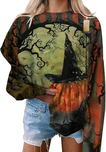 VKEGNIO Halloween Sweatshirt Women Horror Movie Pumpkin Coffee Graphic Sweatshirts Halloween Shirts Fall Crewneck Sweatshirt in Saudi Arabia