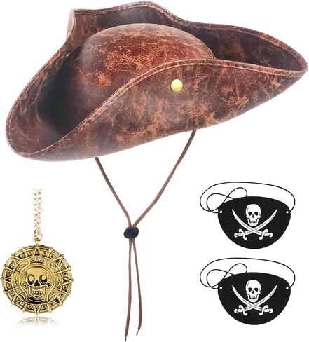 D-Fokes 2 Pieces Pirate Hat Skull Print Pirate Captain Costume Cap - Pirate Accessories Funny Party Hat for Caribbean Fancy Dress with Eye Patch in Saudi Arabia
