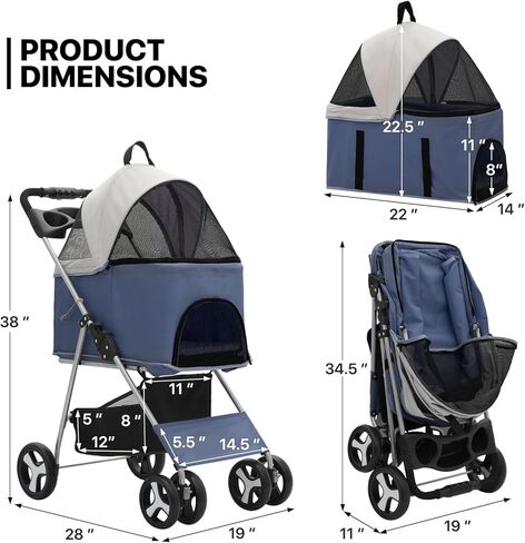 MoNiBloom 3 in 1 Foldable Pet Stroller for Small & Medium Dogs, Detachable Carrier, Car Seat, Push Button Entry, 4-Wheel Jogger for Pets up to 33 lbs, Black in Kuwait