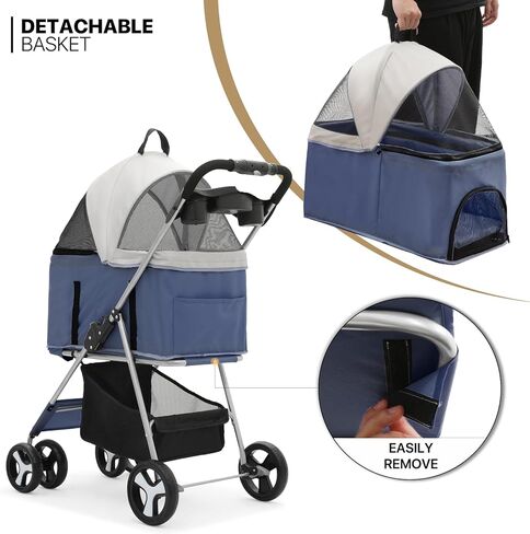 MoNiBloom 3 in 1 Foldable Pet Stroller for Small & Medium Dogs, Detachable Carrier, Car Seat, Push Button Entry, 4-Wheel Jogger for Pets up to 33 lbs, Black in Kuwait