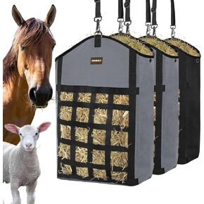 Hay Bags for Horses,3 Packs Slow Feed Hay Bags for Goats,Sheep,Donkey,Premium Oxford Hay Feed Bags with Front Hay Nets Design, Easy to Fill and Hang with Large Opening (2Purple + 1Black)