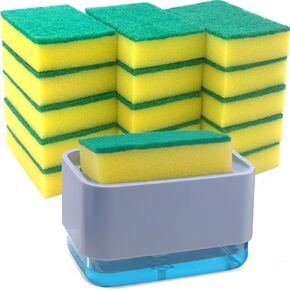 4 in 1 Dish Soap Dispenser and Sponge Holder Set for Kitchen Sink with Soap Dispensing Dish Brush, Sink Tray, Scrub Sponge, Brush Head