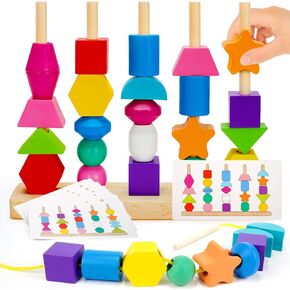 Montessori Wooden Lacing Beads Toys for 2 3 4 Year Old Toddler Kids, Sequencing & Stacking Block Toy with Storage Box, STEM Preschool Learning Toys, Christmas Birthday Gifts for Boys Girls