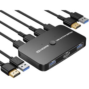 KVM Switch, Aluminum HDMI,USB Switch for 2 Computers Sharing Mouse Keyboard Printer to One HD Monitor, Support 4K@60Hz,2 HDMI Cables and 2 USB Cables Included(Black)