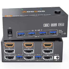 KVM Switch 3 Monitors 3 Computers 4K@144Hz 8K@60Hz, 2 Displayport + HDMI USB3.0 KVM Switches with 4 USB 3.0 Port,Wired Remote,Power Adapter and USB3.0 Cables Included(8K 3 PC 3 Monitor KVM)