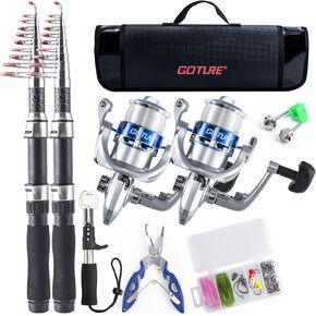 Goture Fishing Rod and Reel Combos-2PCS Telescopic Fishing Pole+2PCS Pre-Loaded Spinning Reels with Carrier Bag,Telescopic Fishing Rod Fishing Kit for Starter Travel Saltwater Freshwater Fishing Gear