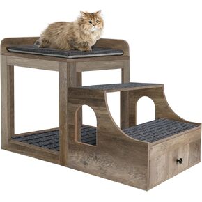 Cat Window Perch with Removable Stairs, Large Pet Bunk Bed with Drawer and Cushion for Cats and Dogs, Strong Frame Pet Bed for Bedside, Home, Indoor, Rustic Brown