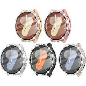 Surace Bling Case for Galaxy Watch 7 44mm Screen Protector Accessories, Crystal Diamond Protective Face Cover Bumper Hard PC with Tempered Glass for Galaxy Watch 7 44mm (3 Packs, Rose Gold/Pink/Clear)